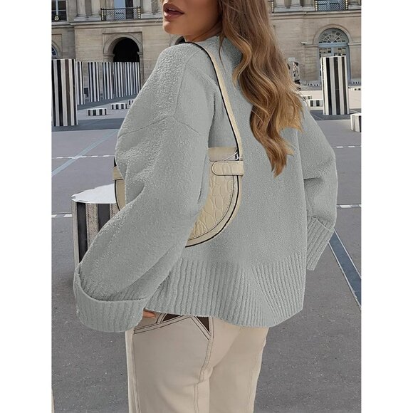 Women's Oversized Sweater Fuzzy Light Grey Long Sleeve Casual Chunky Pullover - Picture 8 of 8